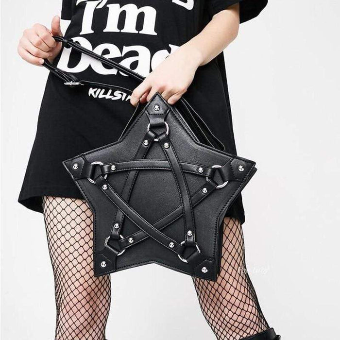 Ethereally Wicked Black Leather Pentacle Shoulder Bag