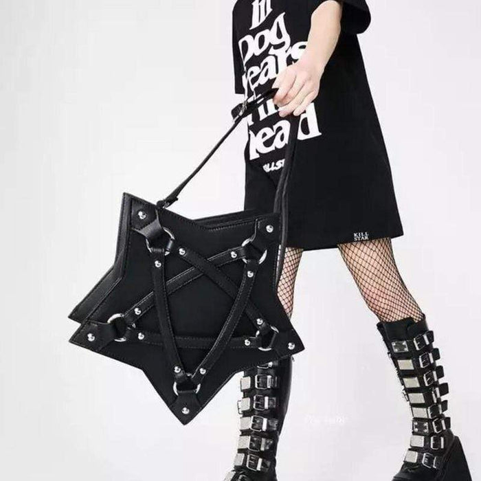 Ethereally Wicked Black Leather Pentacle Shoulder Bag