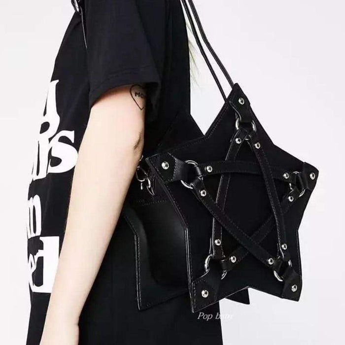 Ethereally Wicked Black Leather Pentacle Shoulder Bag