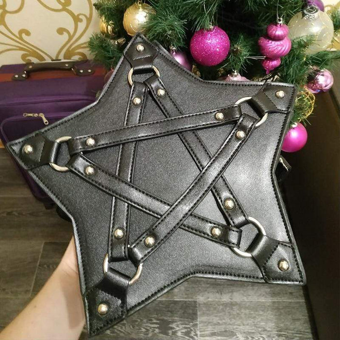 Ethereally Wicked Black Leather Pentacle Shoulder Bag